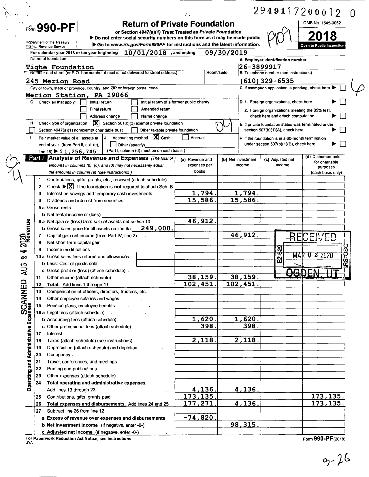 Image of first page of 2018 Form 990PR for Tighe Foundation