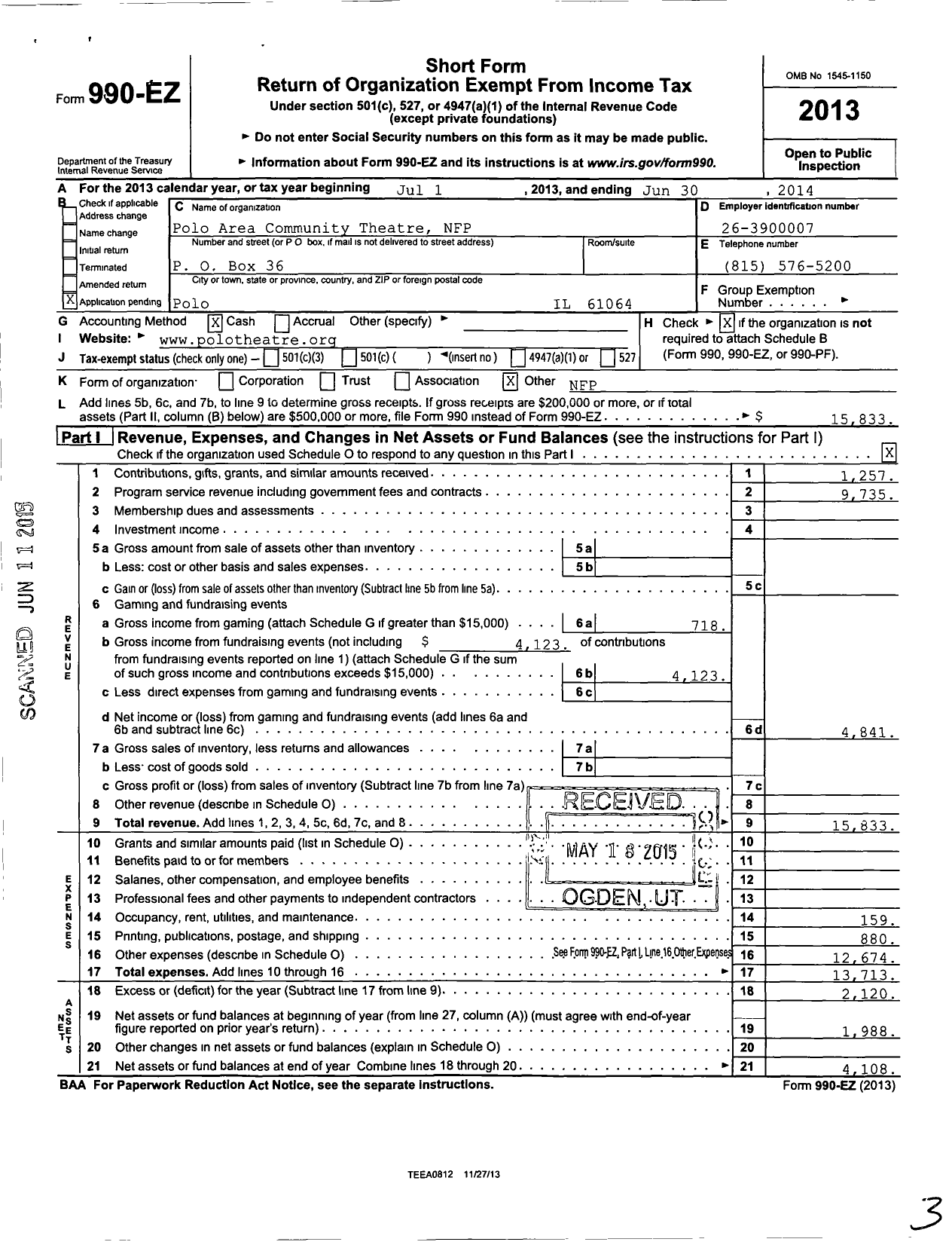 Image of first page of 2013 Form 990EO for Polo Area Community Theatre NFP