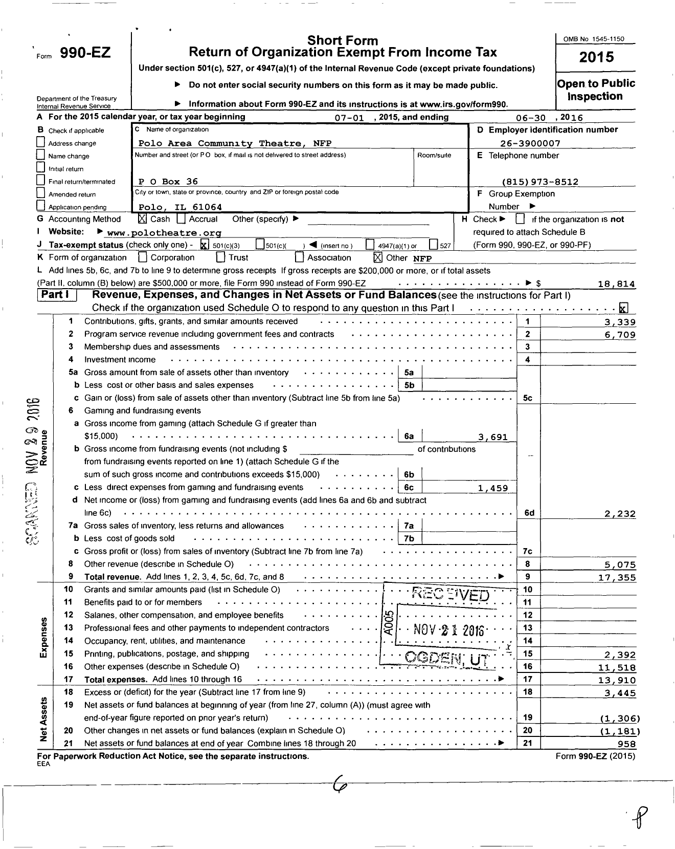 Image of first page of 2015 Form 990EZ for Polo Area Community Theatre NFP