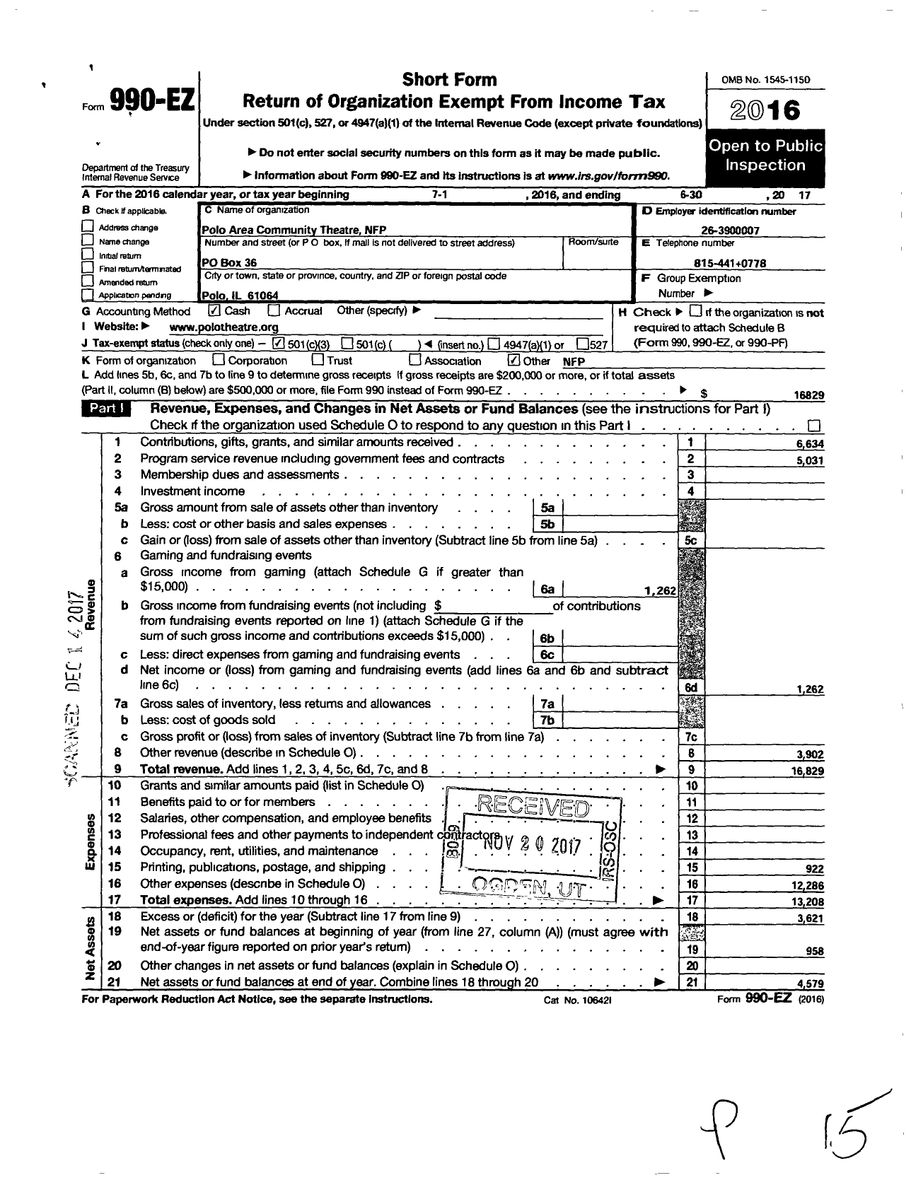 Image of first page of 2016 Form 990EZ for Polo Area Community Theatre NFP