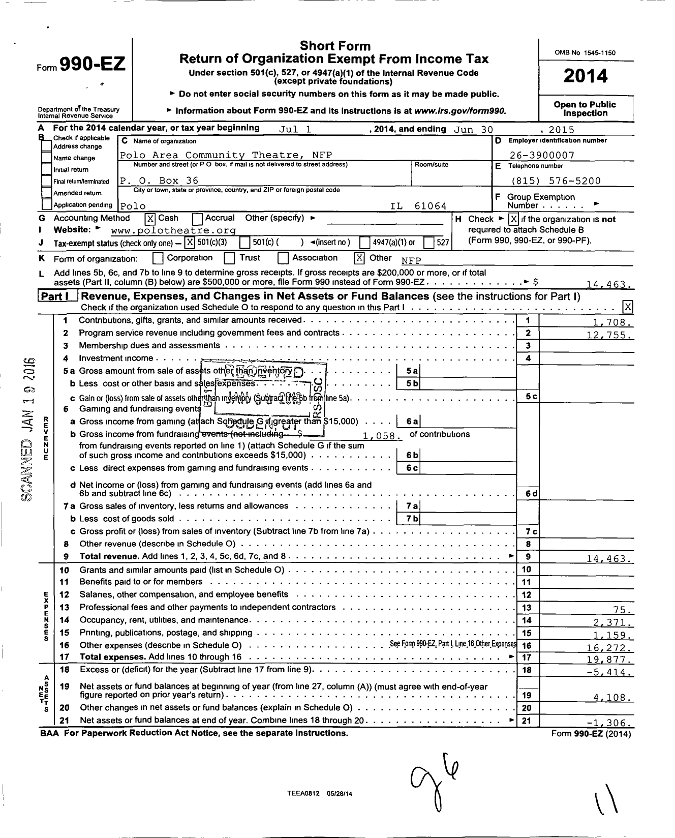 Image of first page of 2014 Form 990EZ for Polo Area Community Theatre NFP