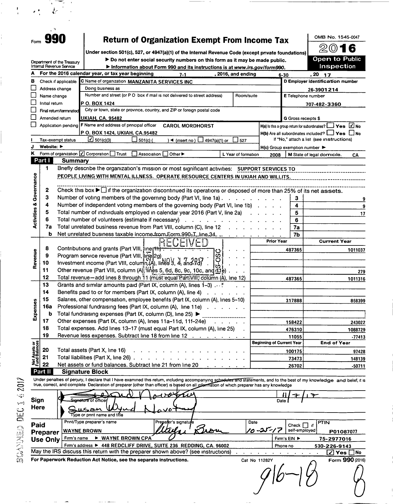 Image of first page of 2016 Form 990 for Manzanita Services