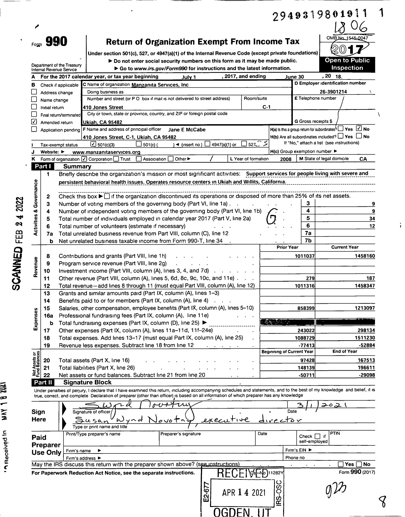 Image of first page of 2017 Form 990 for Manzanita Services