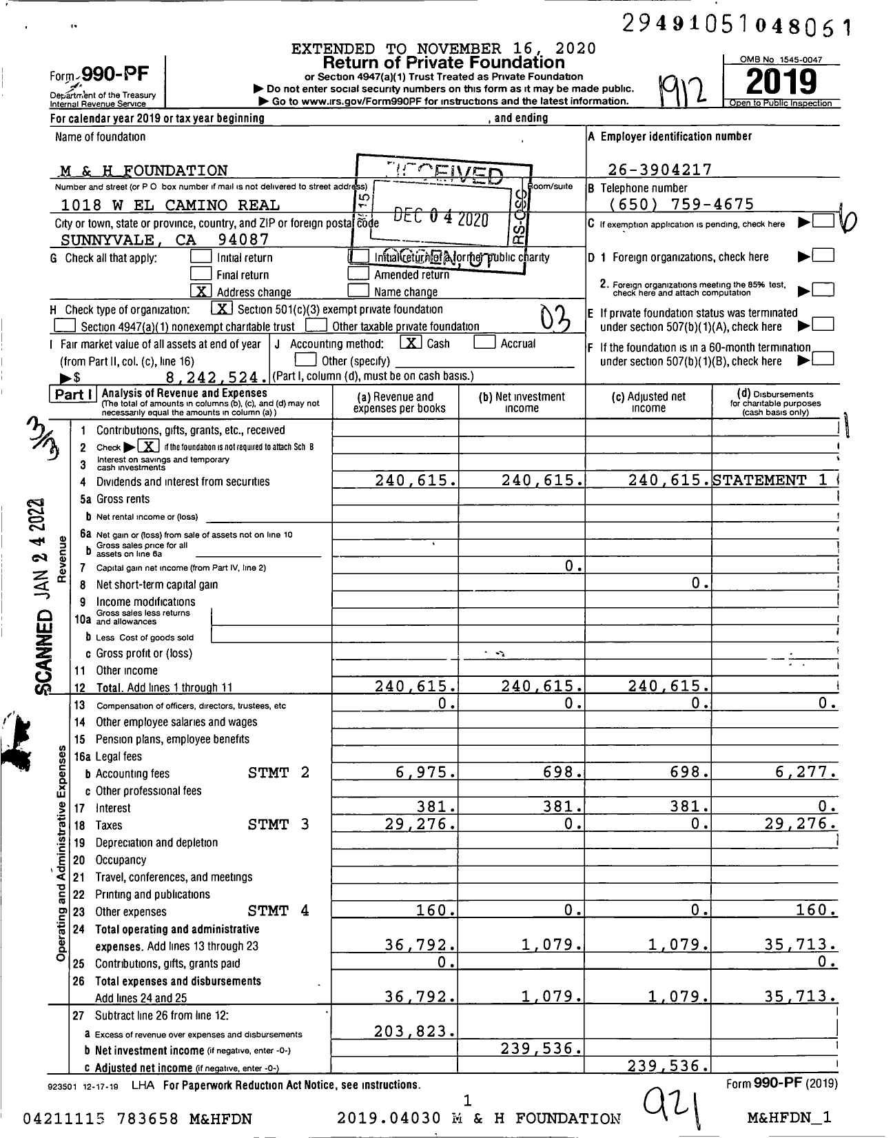 Image of first page of 2019 Form 990PF for M&H Foundation