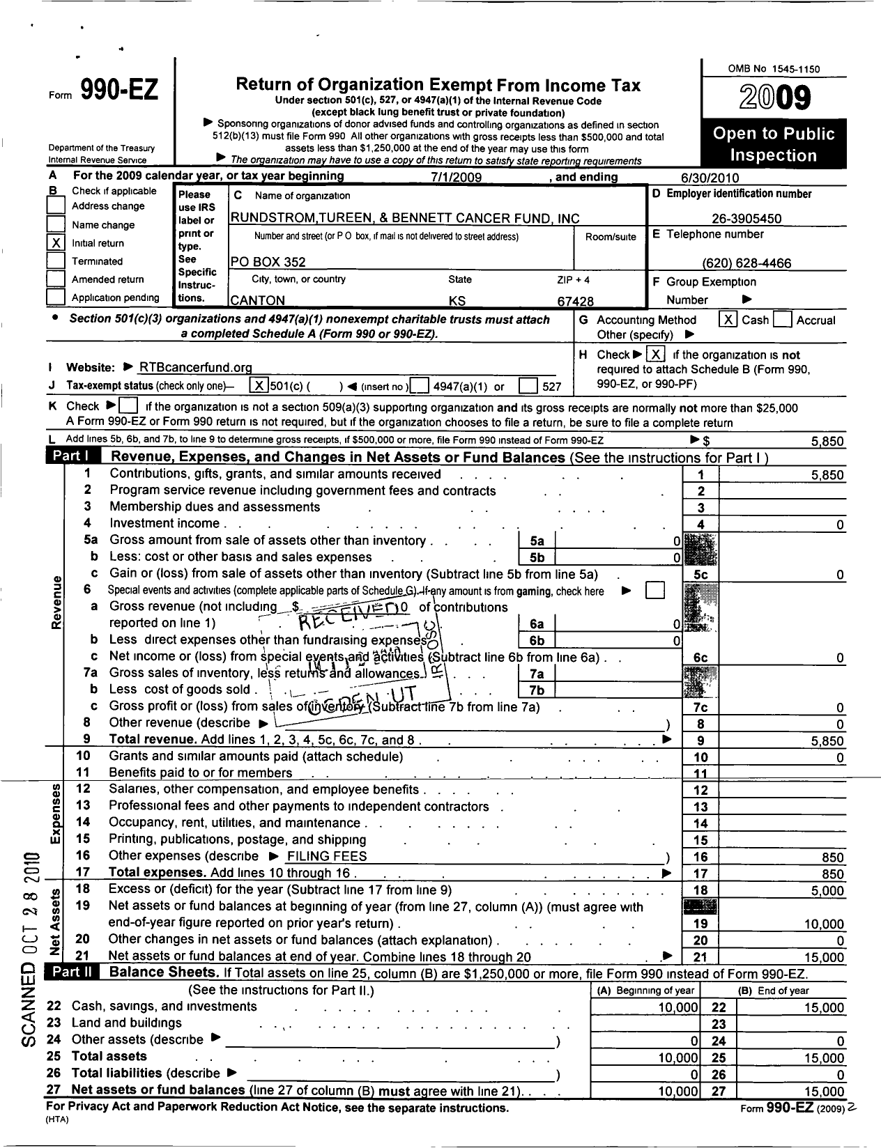 Image of first page of 2009 Form 990EO for Rundstrom Tureen and Bennett Cancer Fund