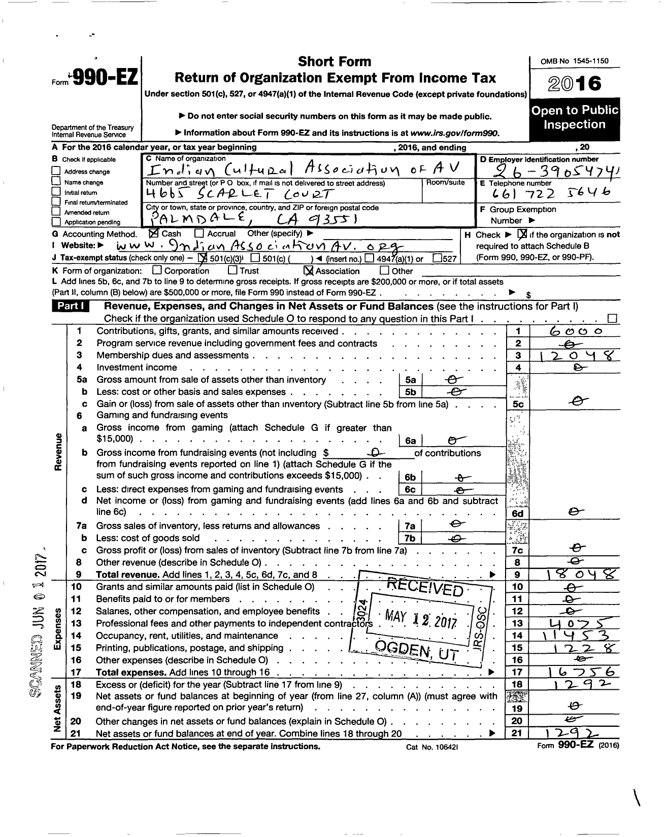 Image of first page of 2016 Form 990EZ for Indian Cultural Association of Antellope Valley