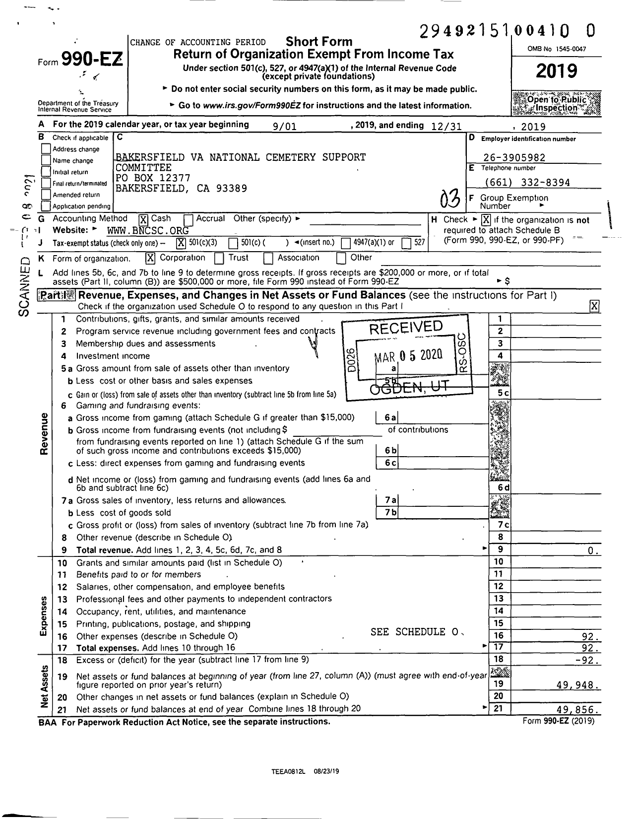 Image of first page of 2019 Form 990EZ for Bakersfield VA National Cemetery Support Committee