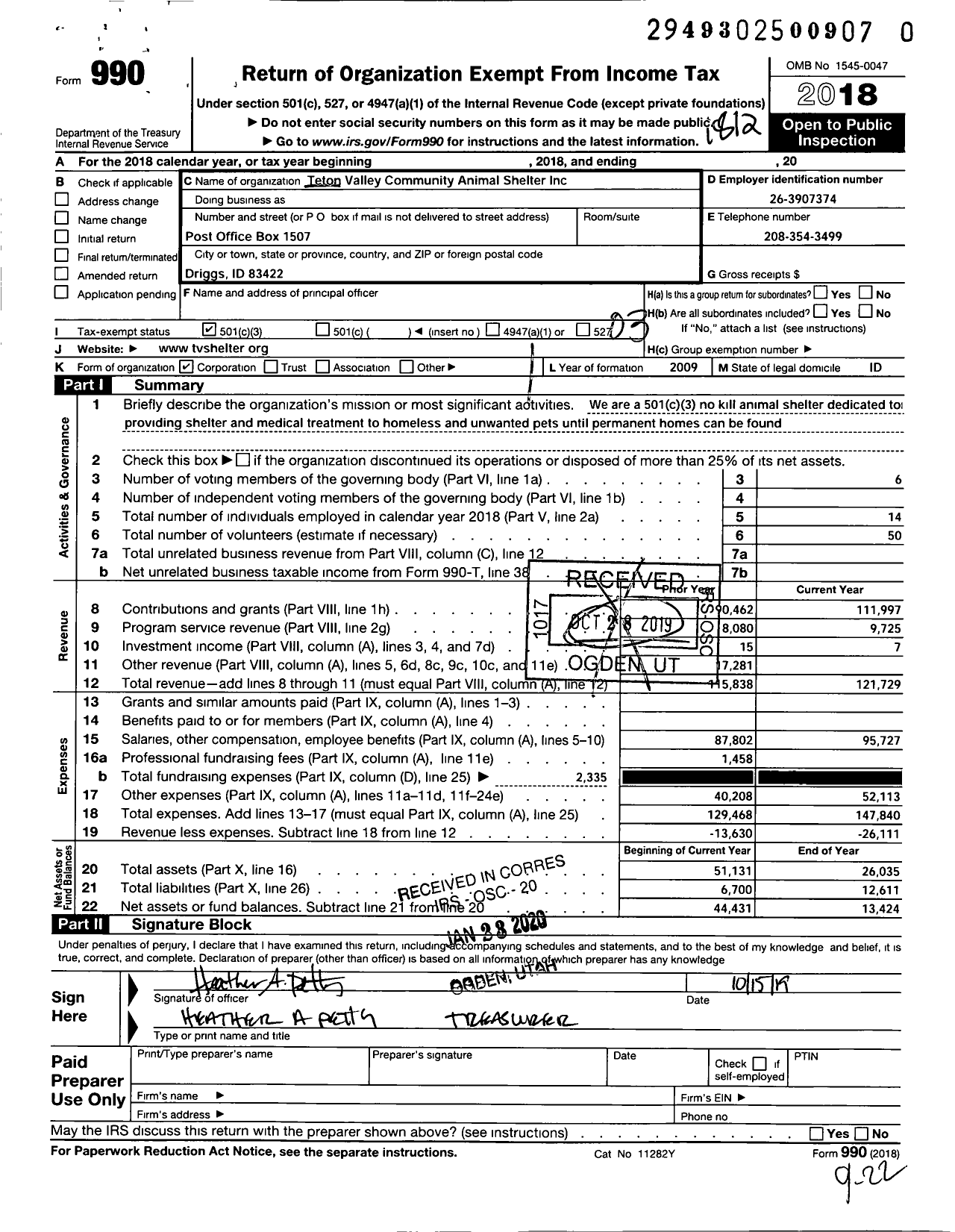 Image of first page of 2018 Form 990 for Teton Valley Community Animal Shelter