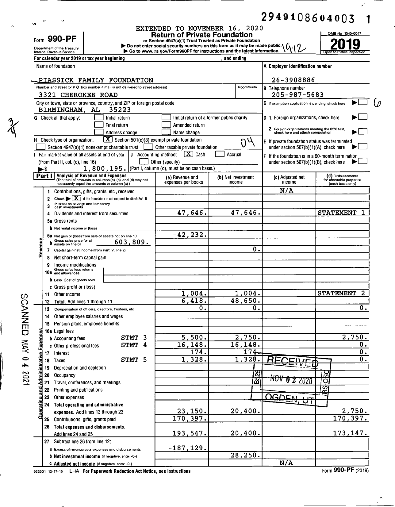 Image of first page of 2019 Form 990PF for Piassick Family Foundation