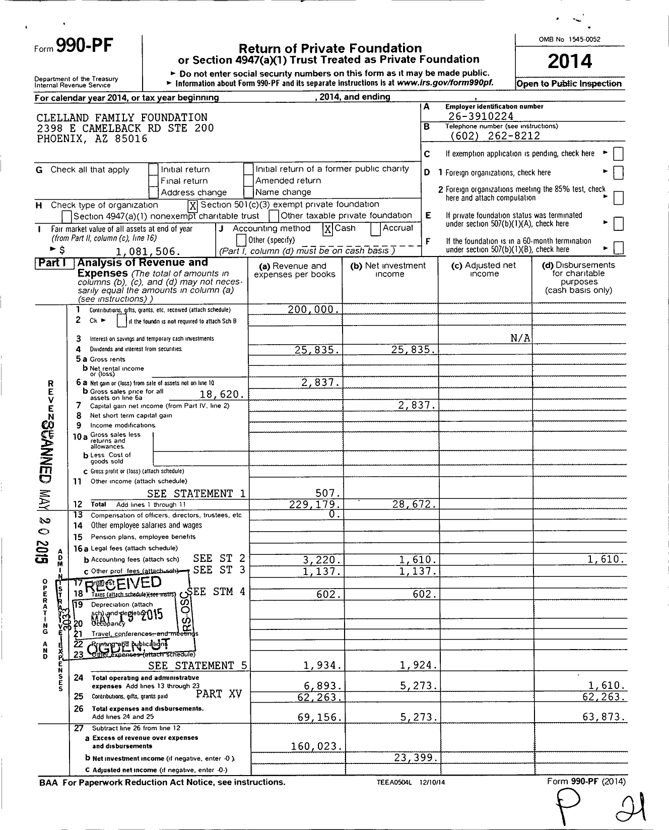Image of first page of 2014 Form 990PF for Clelland Family Foundation