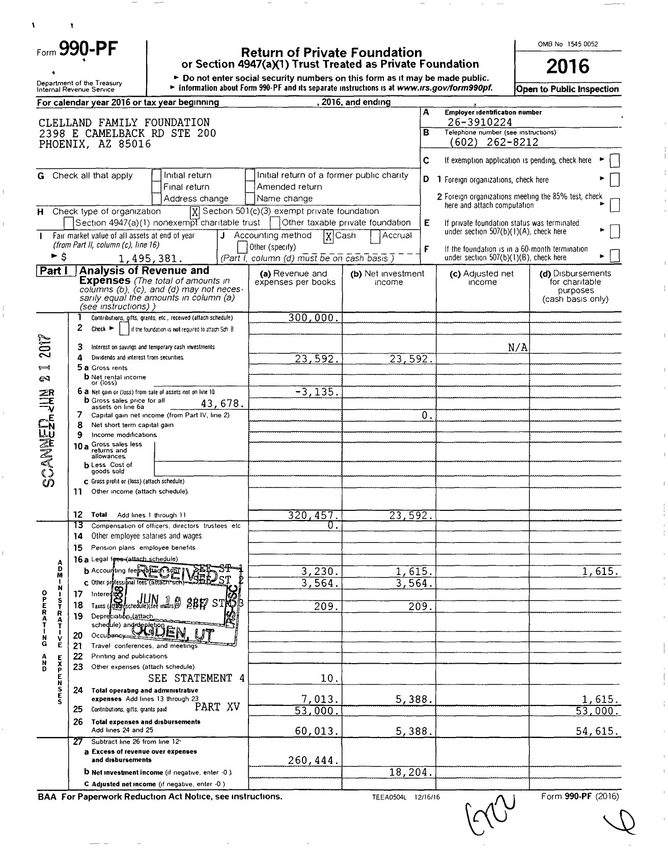 Image of first page of 2016 Form 990PF for Clelland Family Foundation