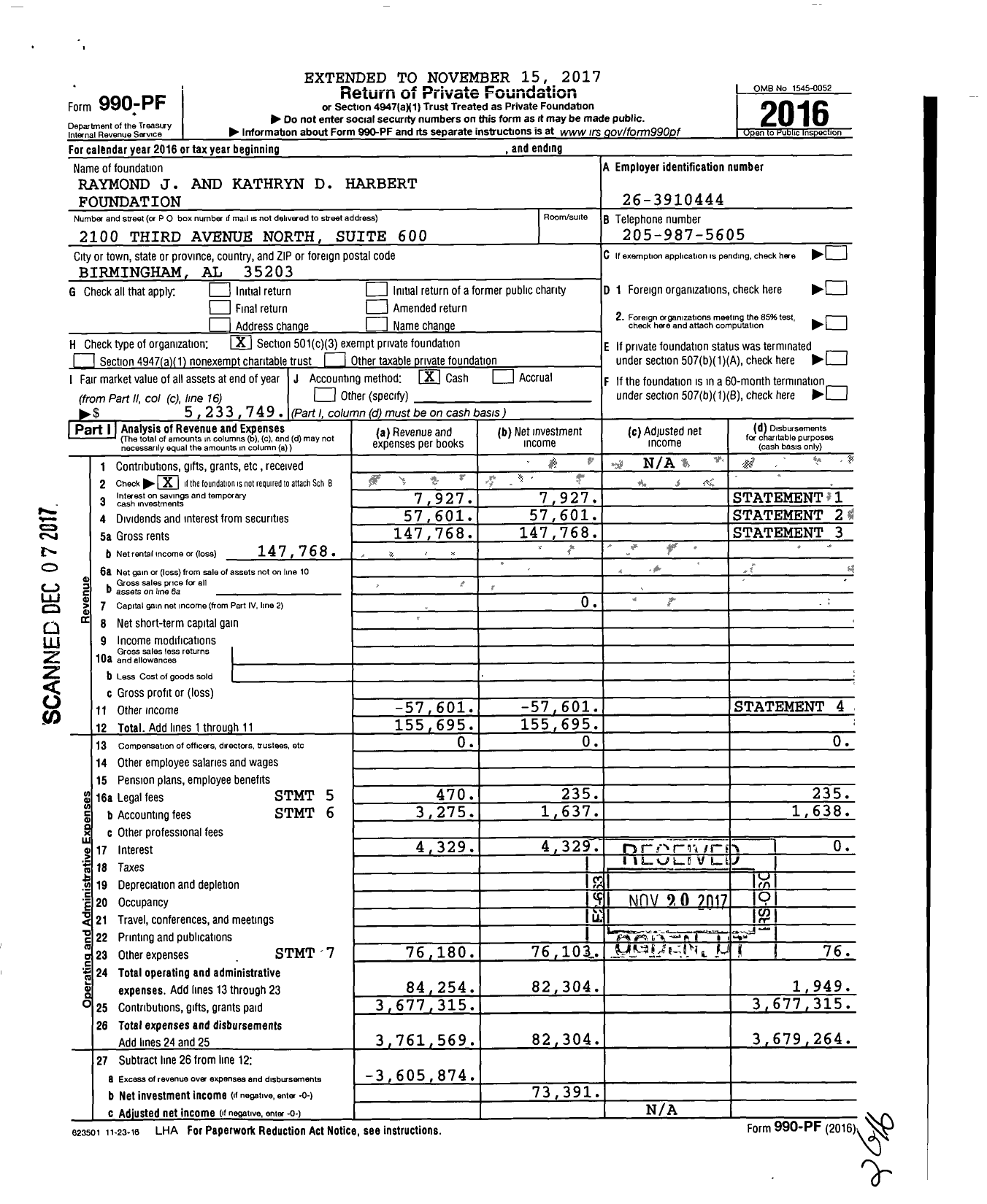 Image of first page of 2016 Form 990PF for Raymond J and Kathryn D Harbert Foundation