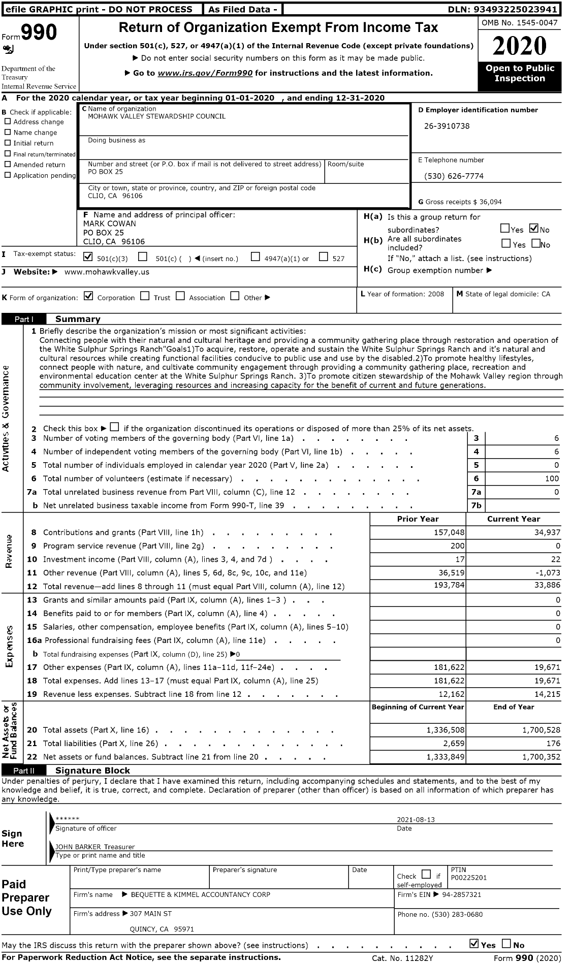 Image of first page of 2020 Form 990 for Mohawk Valley Stewardship Council