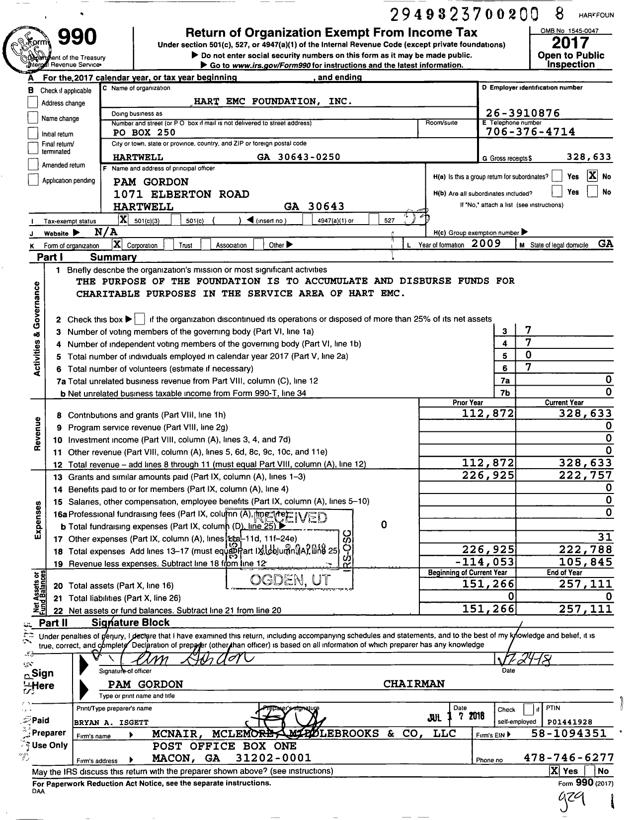 Image of first page of 2017 Form 990 for Hart Emc Foundation