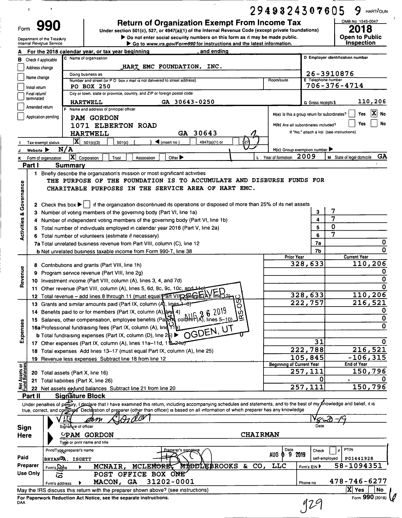 Image of first page of 2018 Form 990 for Hart Emc Foundation