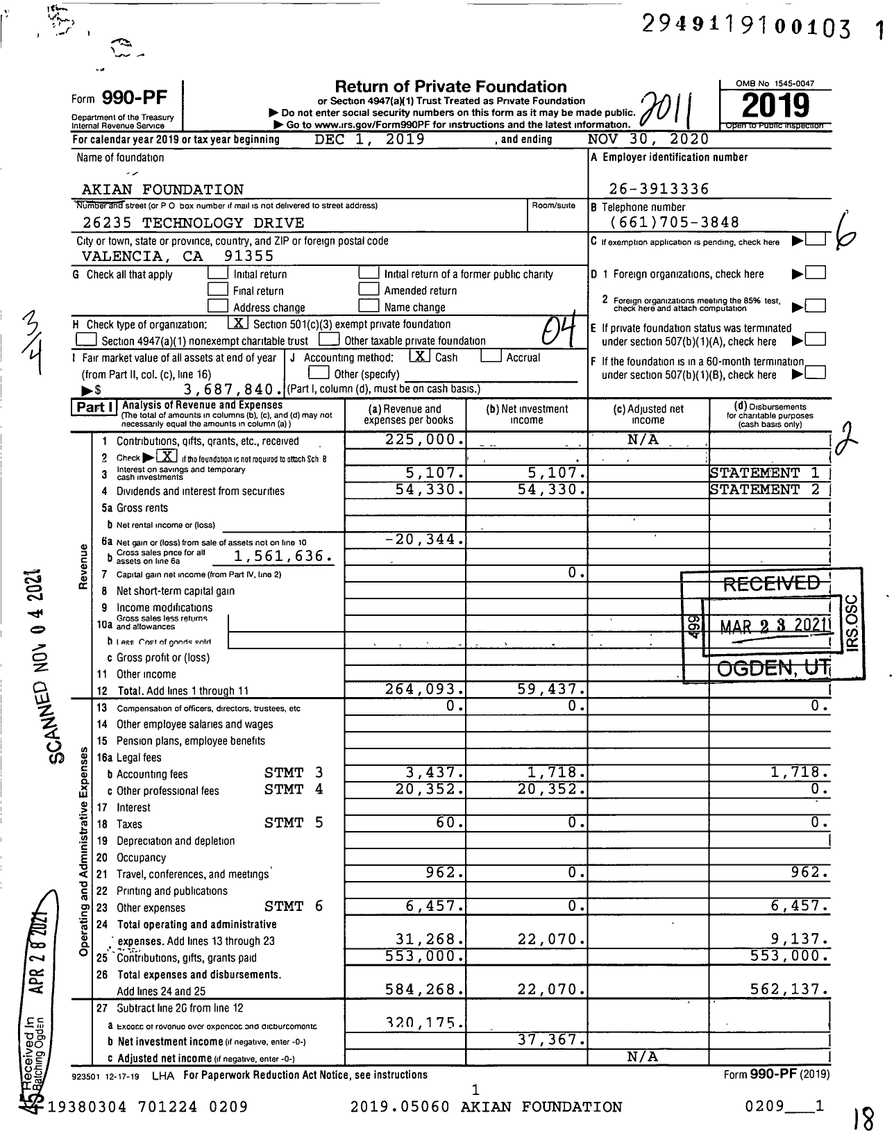 Image of first page of 2019 Form 990PF for Akian Foundation