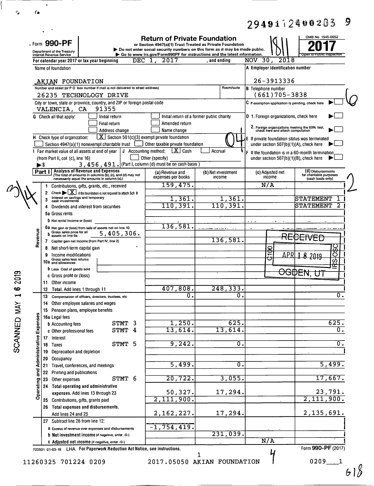 Image of first page of 2017 Form 990PF for Akian Foundation