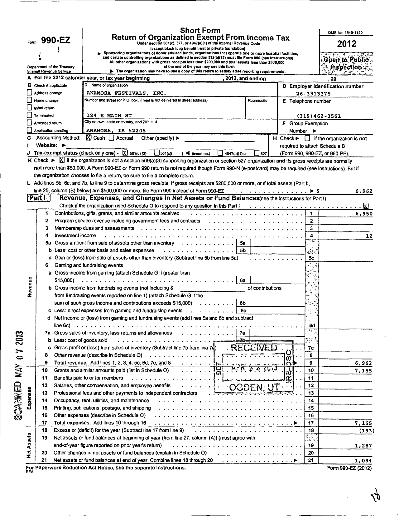 Image of first page of 2012 Form 990EZ for Anamosa Festivals