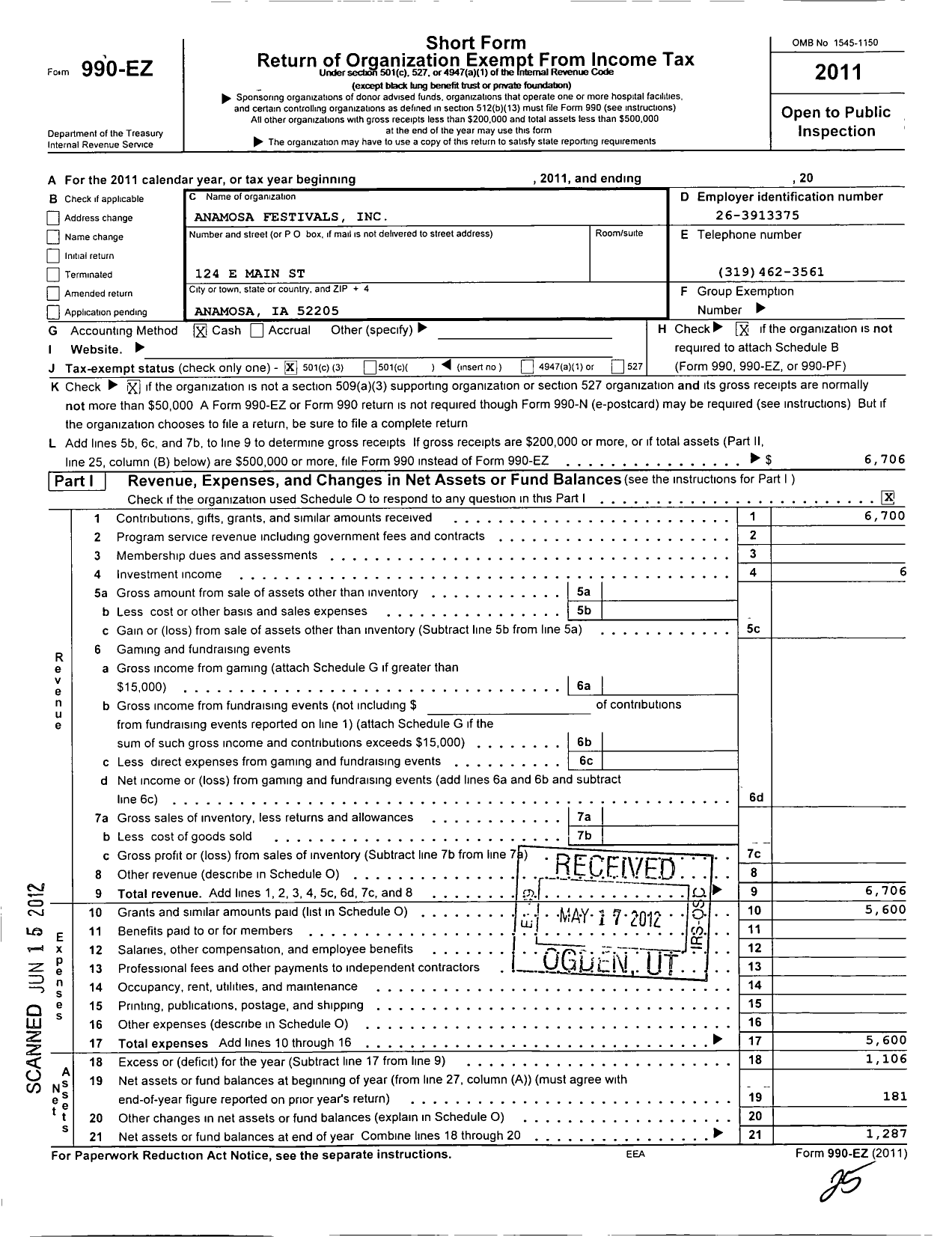 Image of first page of 2011 Form 990EZ for Anamosa Festivals