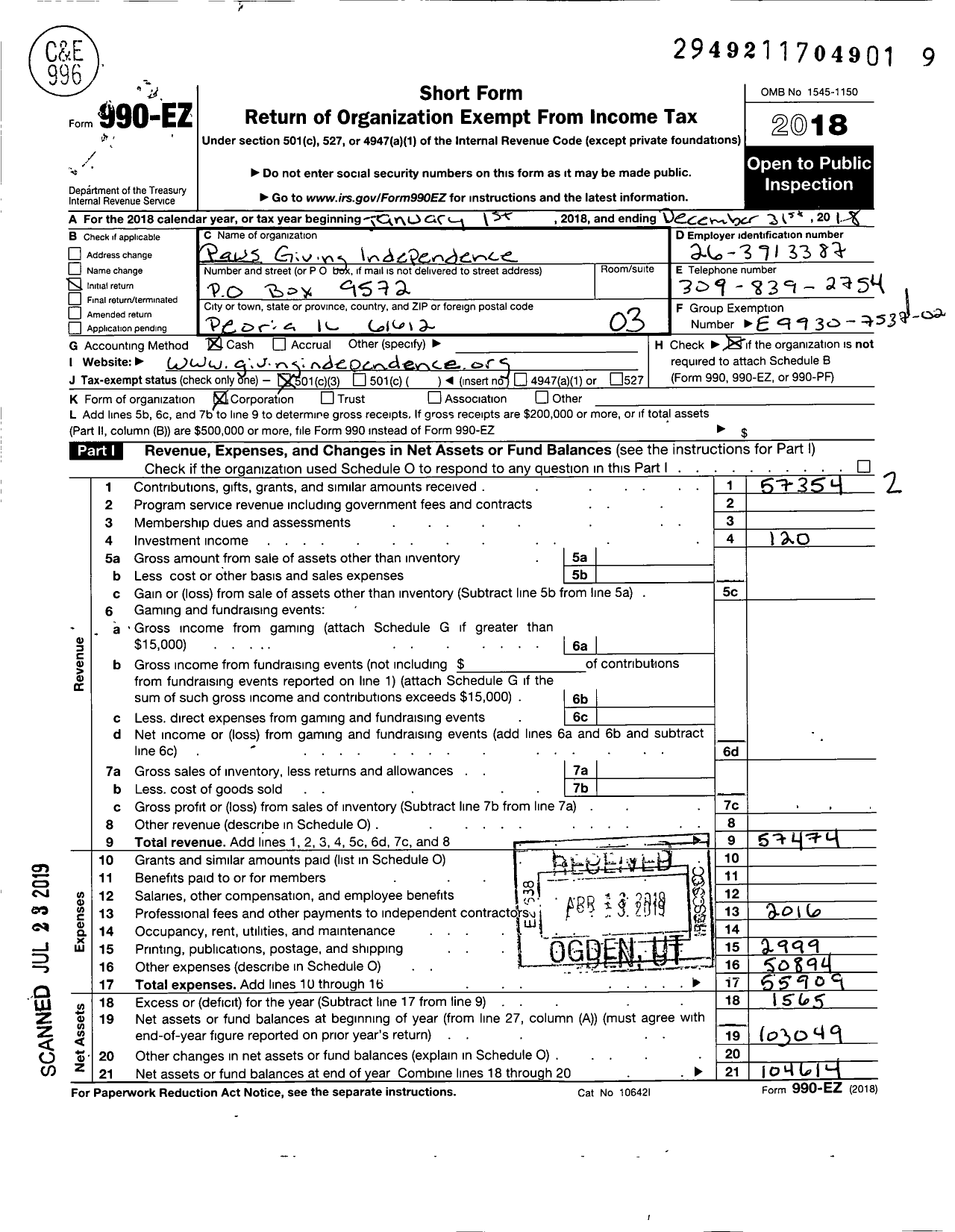 Image of first page of 2018 Form 990EZ for Paws Giving Independence