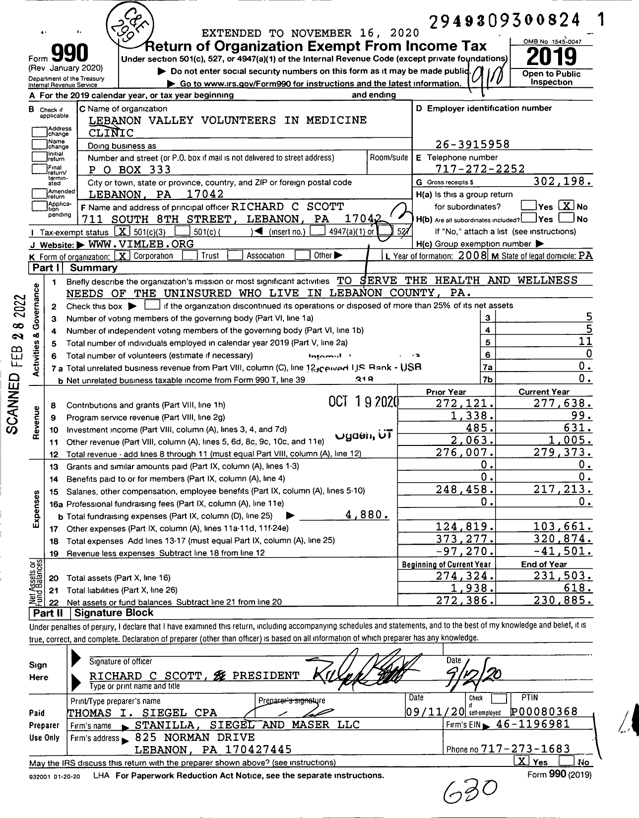 Image of first page of 2019 Form 990 for Lebanon Valley Volunteers in Medicine Clinic