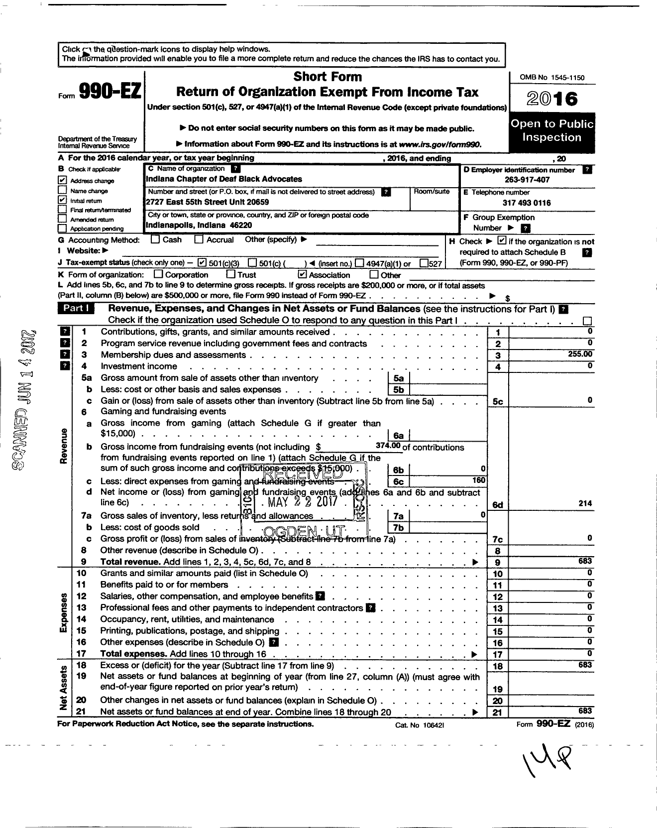 Image of first page of 2016 Form 990EZ for Indiana Chapter of Black Deaf Advocates