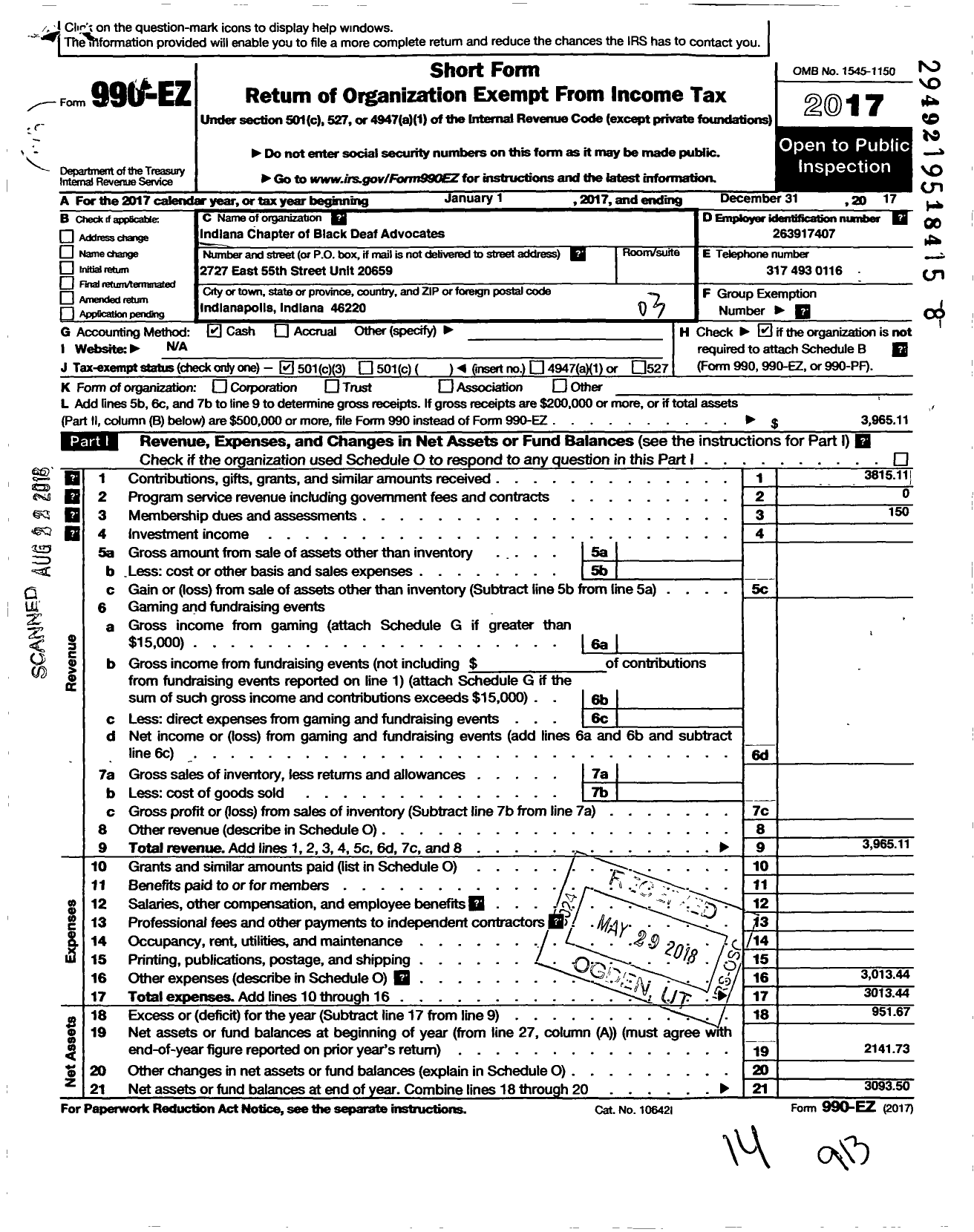 Image of first page of 2017 Form 990EZ for Indiana Chapter of Black Deaf Advocates