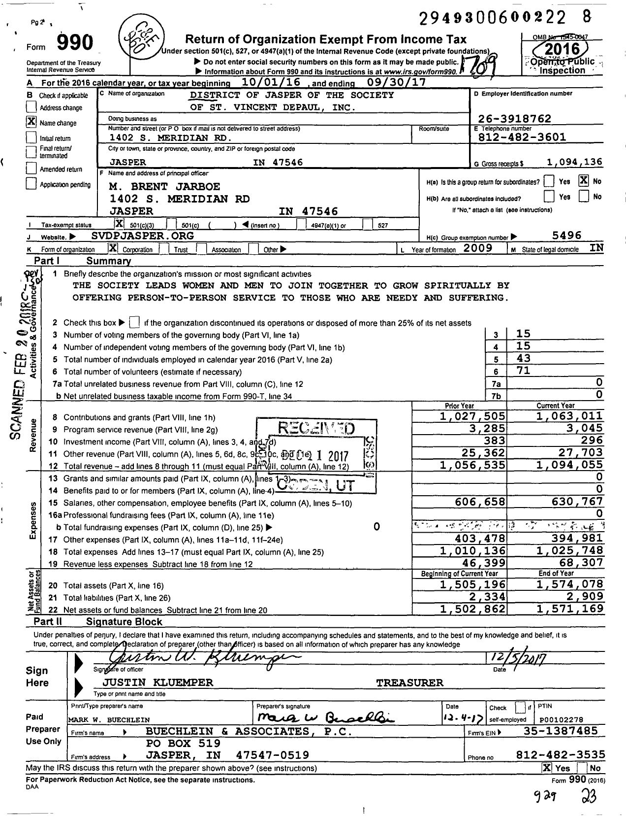 Image of first page of 2016 Form 990 for District of Jasper of the Society of St Vincent Depaul