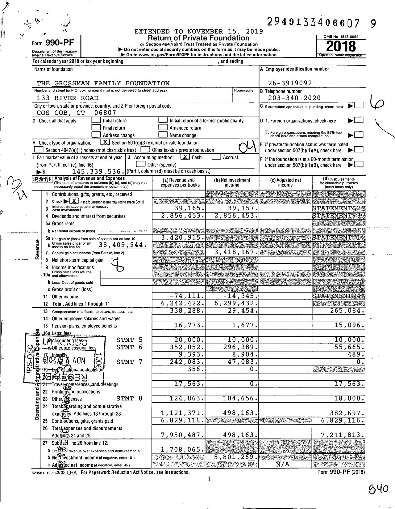 Image of first page of 2018 Form 990PF for The Grossman Family Foundation