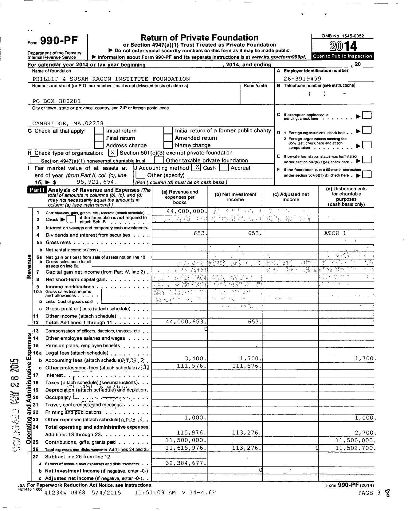 Image of first page of 2014 Form 990PF for Phillipsusan Ragon Institute Foundation