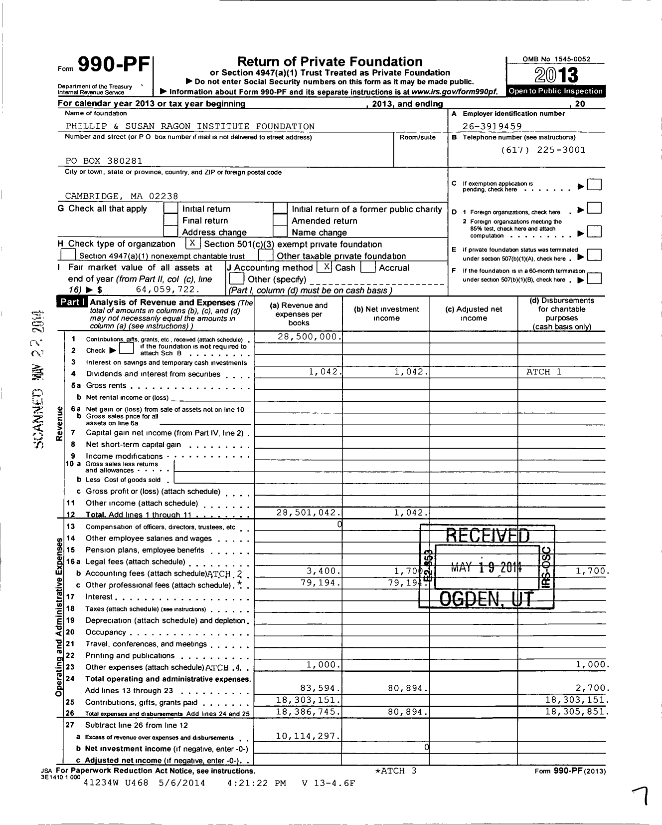 Image of first page of 2013 Form 990PF for Phillipsusan Ragon Institute Foundation