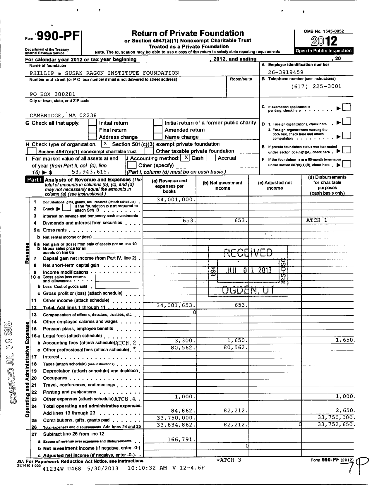 Image of first page of 2012 Form 990PF for Phillipsusan Ragon Institute Foundation