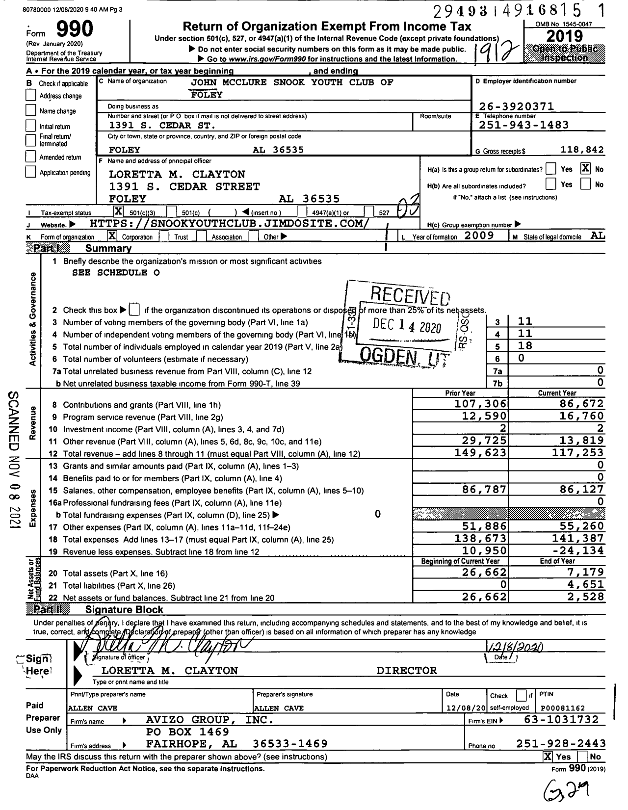 Image of first page of 2019 Form 990 for John Mcclure Snook Youth Club of Foley