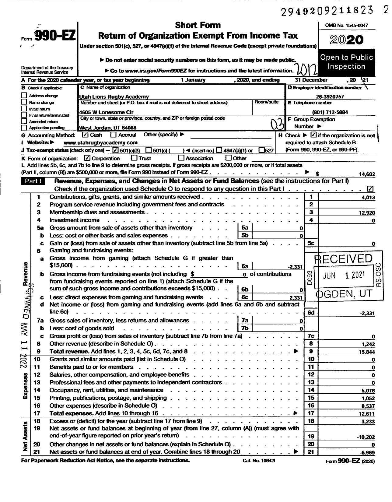 Image of first page of 2020 Form 990EZ for Utah Lions Rugby Academy