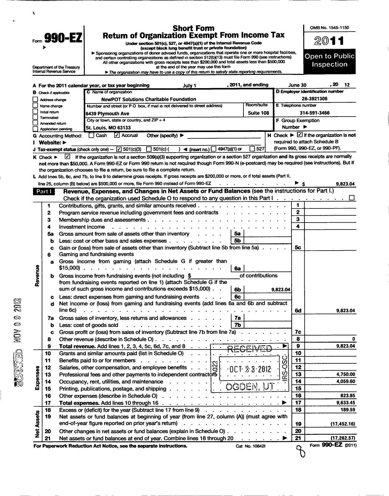 Image of first page of 2011 Form 990EZ for NewPOT Solutions Charitable Foundation