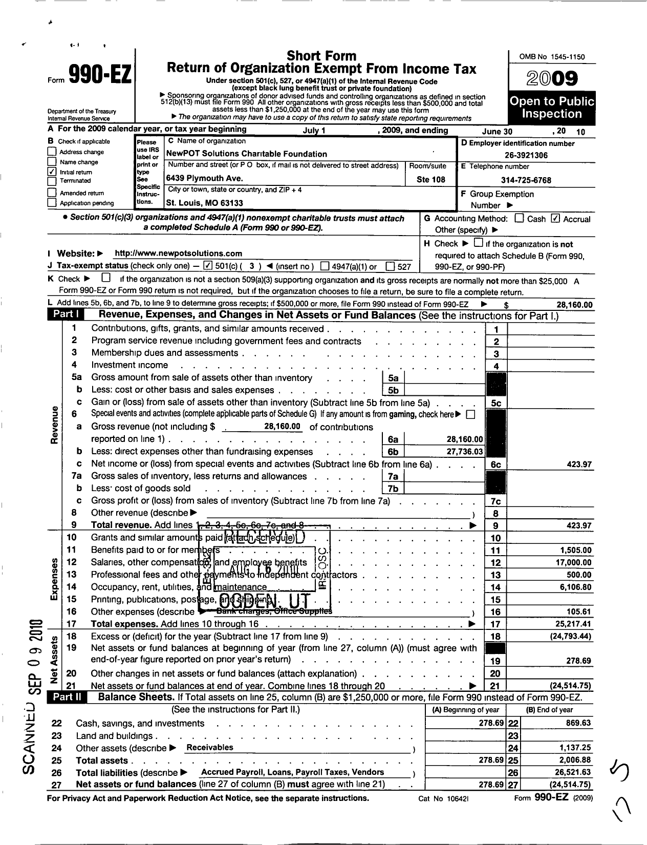 Image of first page of 2009 Form 990EZ for NewPOT Solutions Charitable Foundation