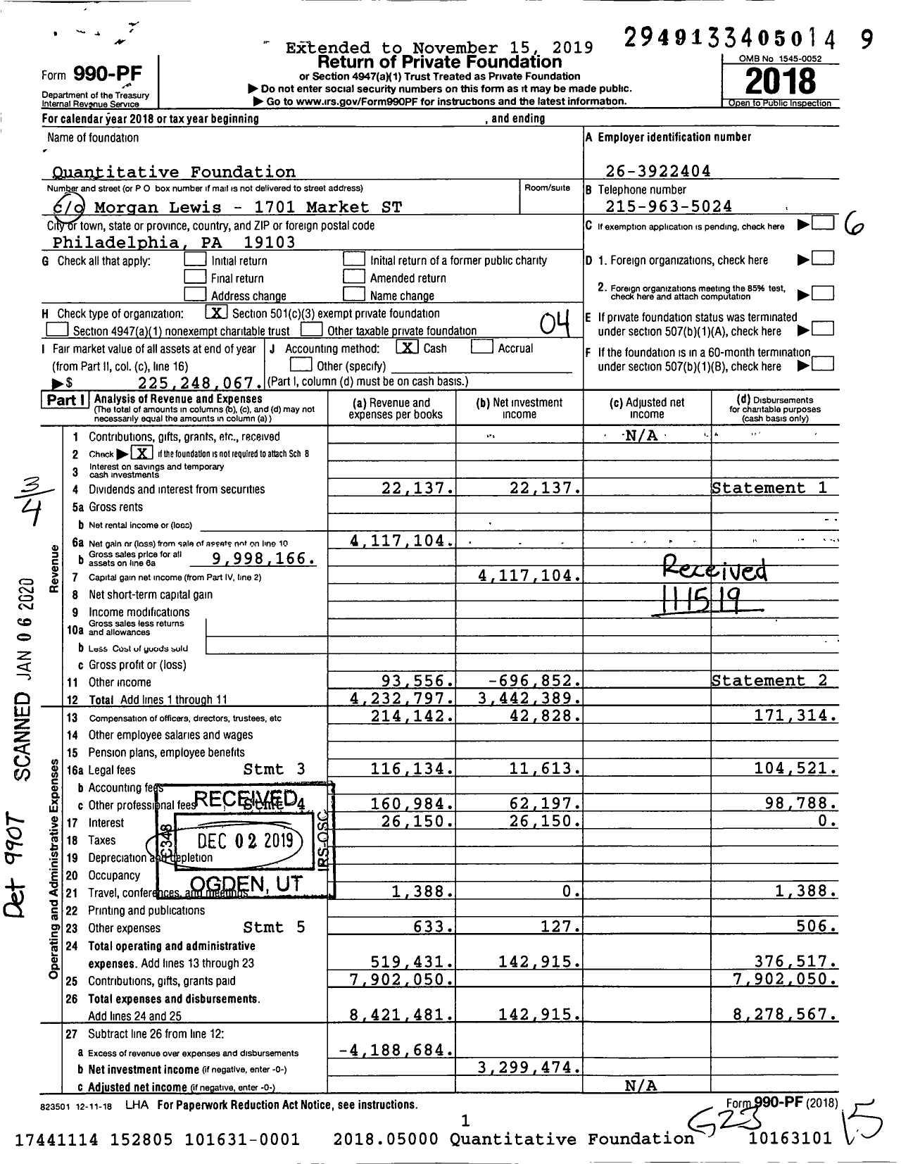 Image of first page of 2018 Form 990PF for Quantitative Foundation