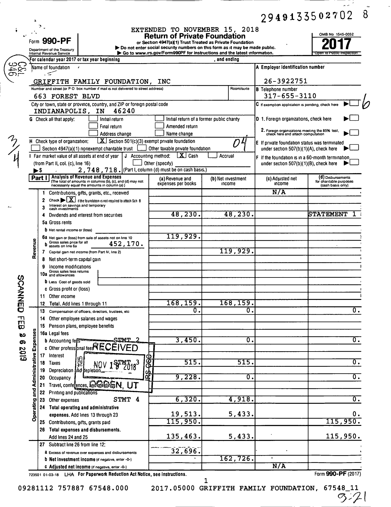 Image of first page of 2017 Form 990PF for Griffith Family Foundation