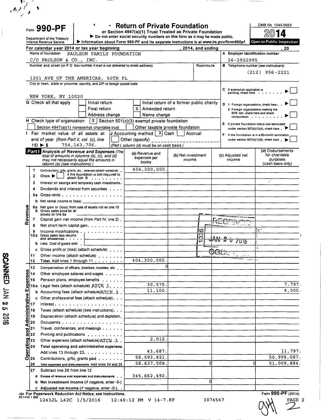 Image of first page of 2014 Form 990PF for Paulson Family Foundation