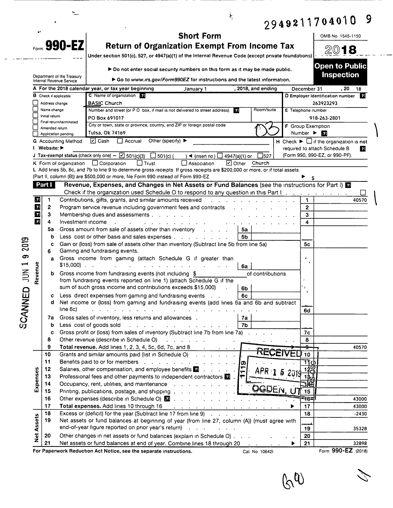 Image of first page of 2018 Form 990EZ for Basic Church