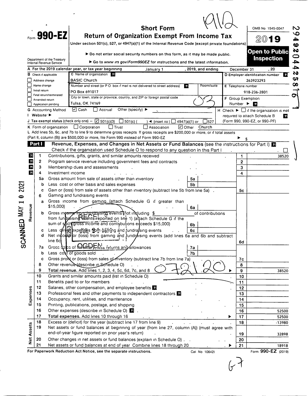 Image of first page of 2019 Form 990EZ for Basic Church