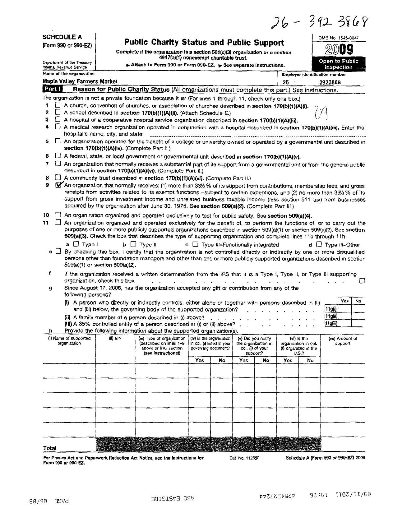 Image of first page of 2009 Form 990ER for Maple Valley Farmers Market