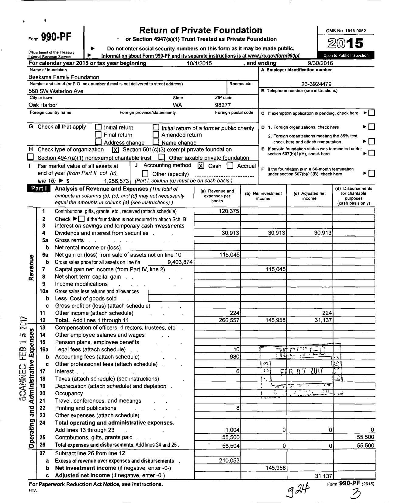 Image of first page of 2015 Form 990PF for Beeksma Family Foundation