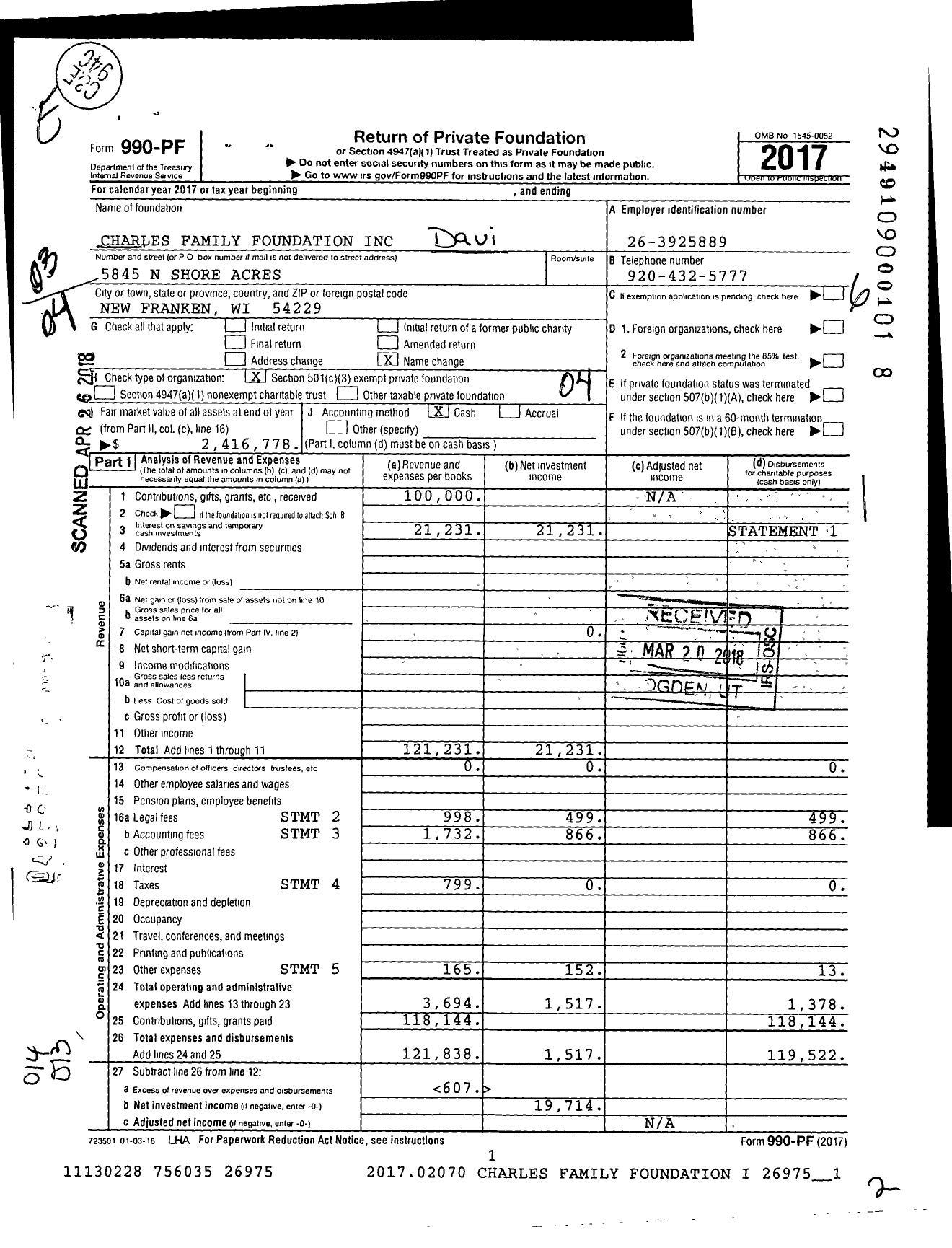 Image of first page of 2017 Form 990PF for Charles Family Foundation