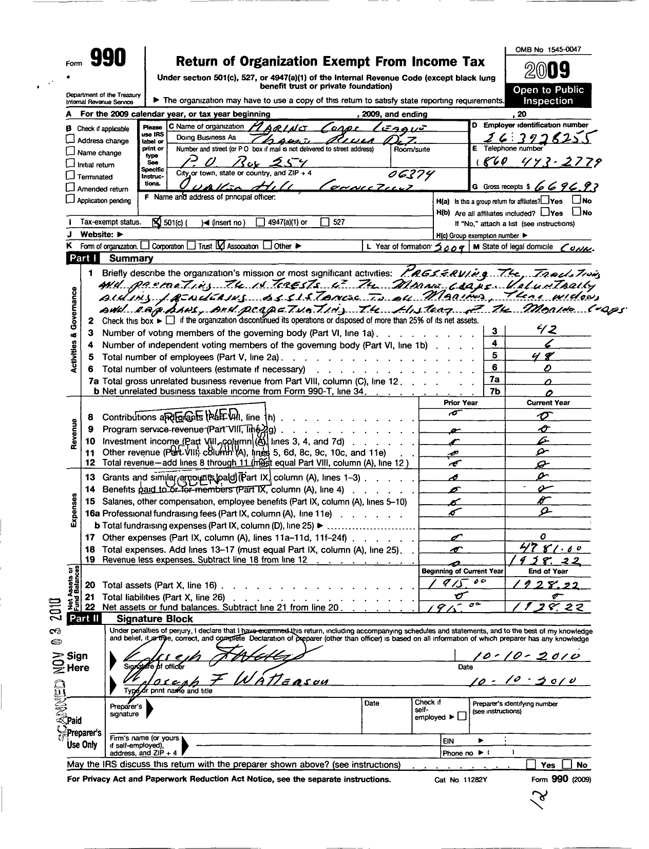 Image of first page of 2009 Form 990O for Marine Corps League - 1334 Thames River Detachment