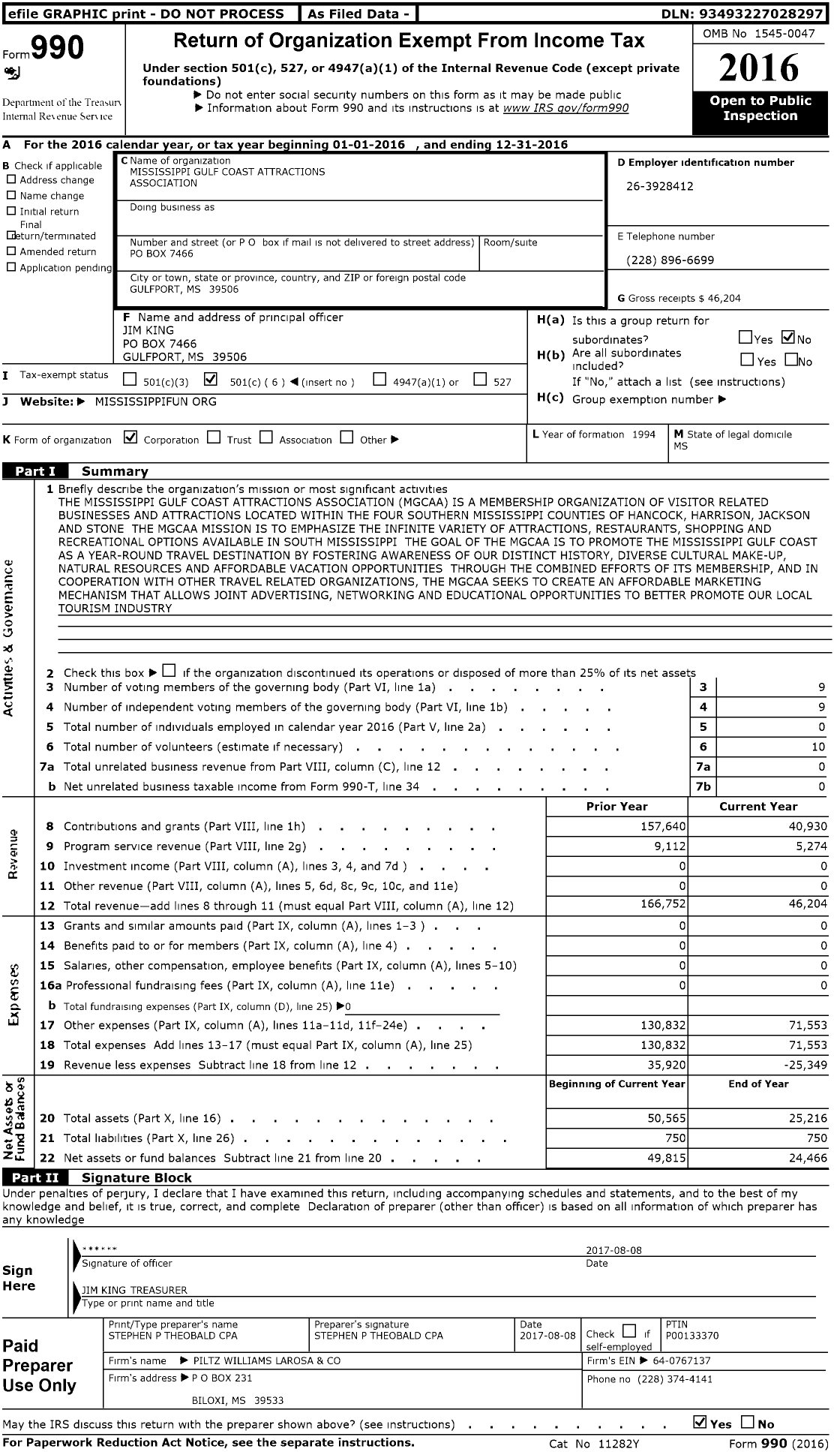 Image of first page of 2016 Form 990O for Mississippi Gulf Coast Attractions Association