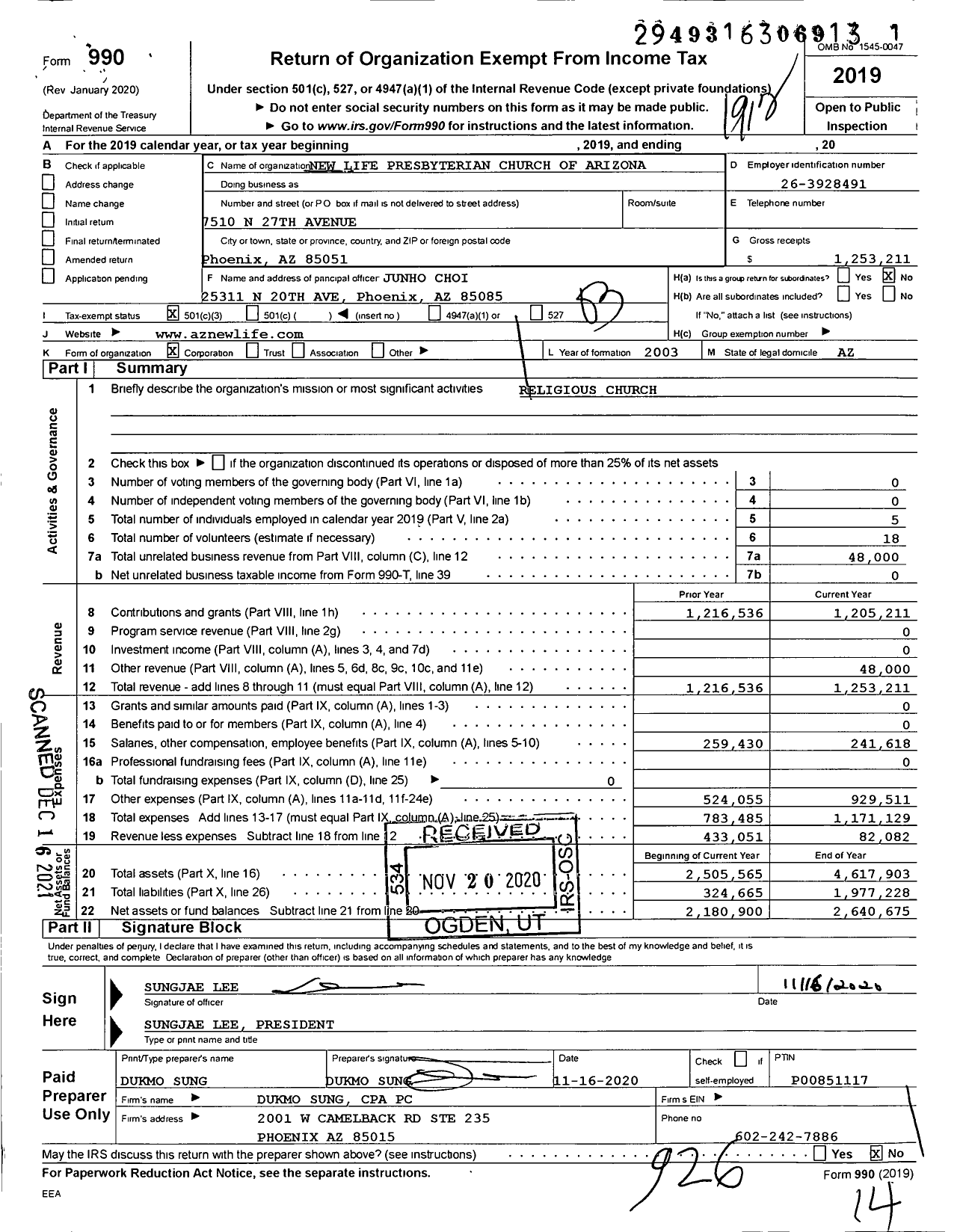 Image of first page of 2019 Form 990 for New Life Presbyterian Church of Arizona