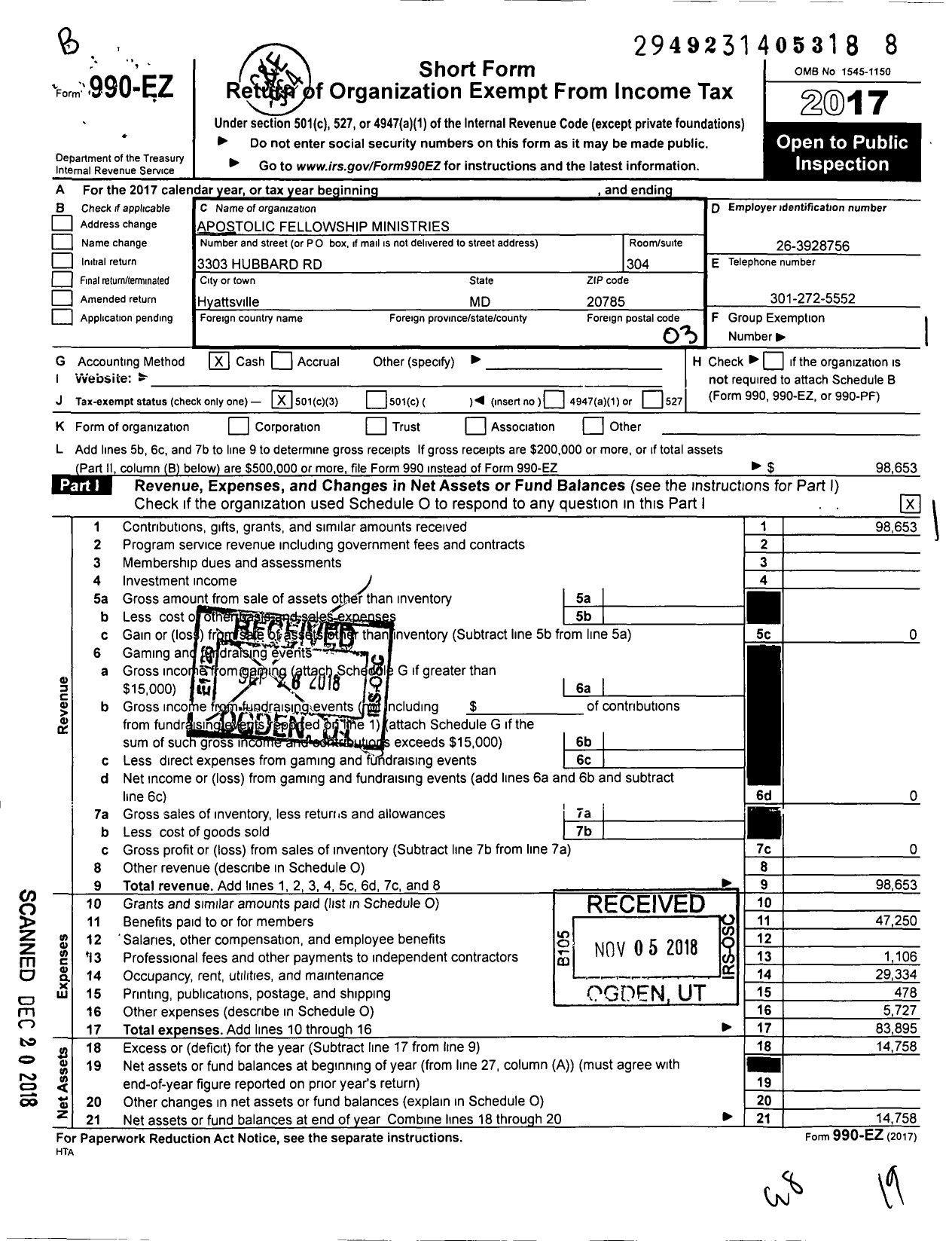 Image of first page of 2017 Form 990EZ for The Apostolic Fellowship Ministeries