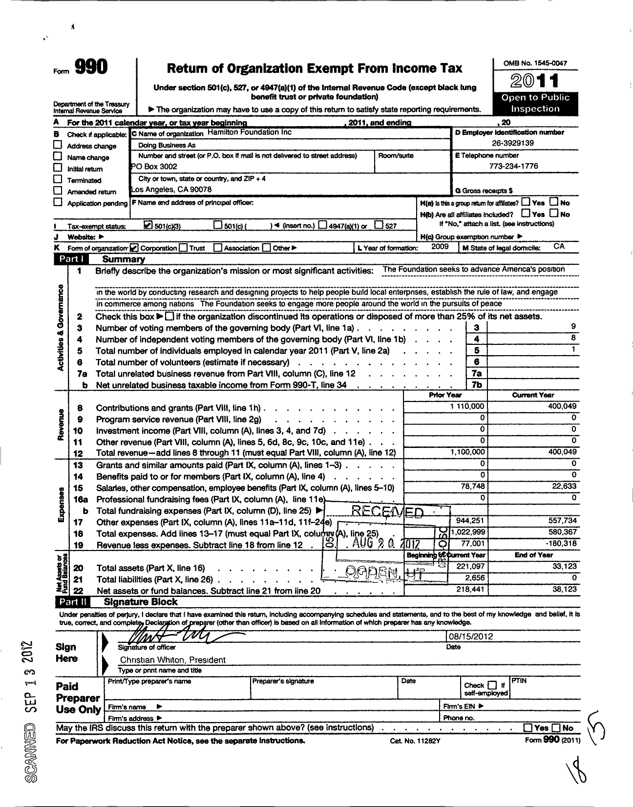 Image of first page of 2011 Form 990 for Hamilton Foundation