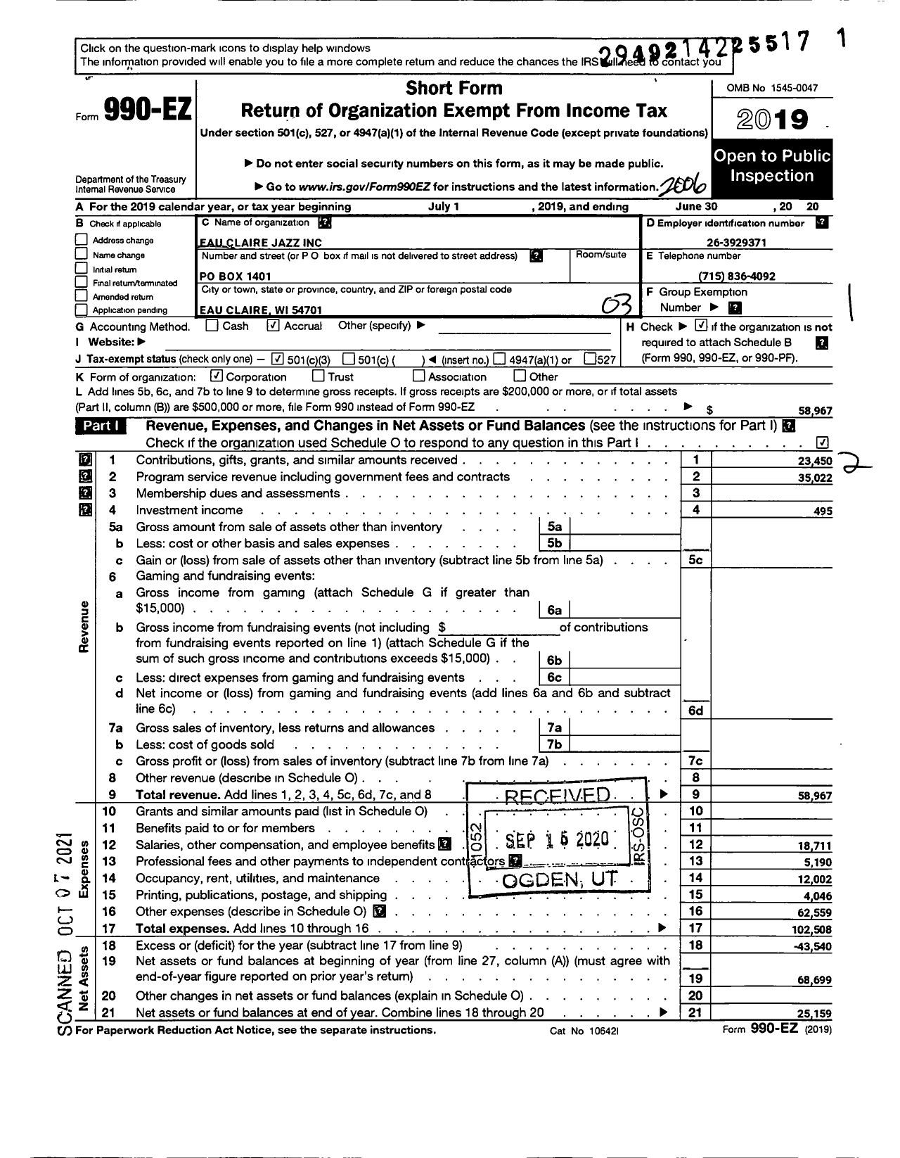 Image of first page of 2019 Form 990EZ for Eau Claire Jazz